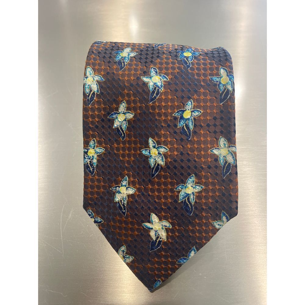 Ermenegildo Zegna Silk Tie with Floral Bee Pattern Brown Blue Yellow Z-106